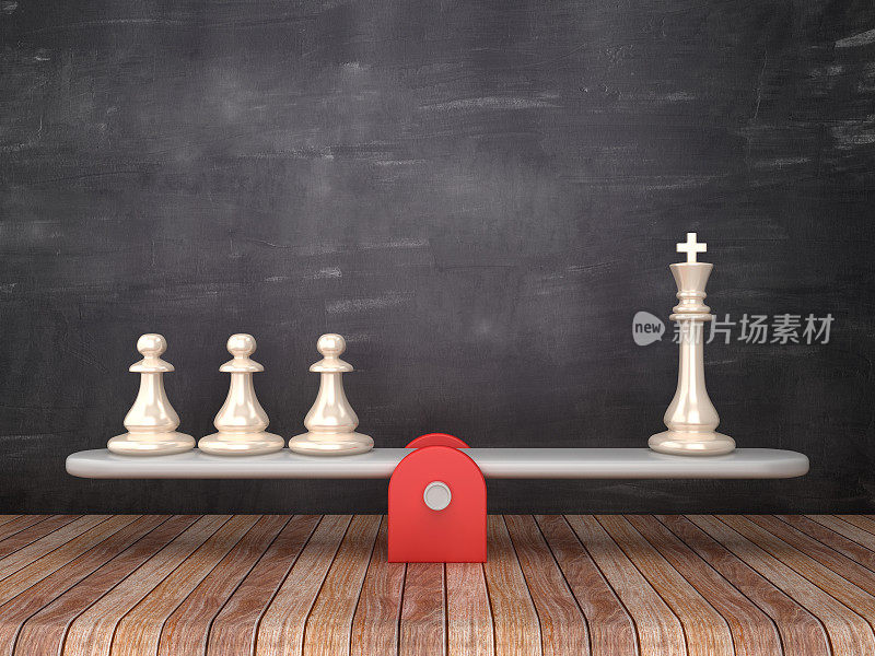 跷跷板比例与国王和卒棋子在黑板上的背景- 3D渲染
